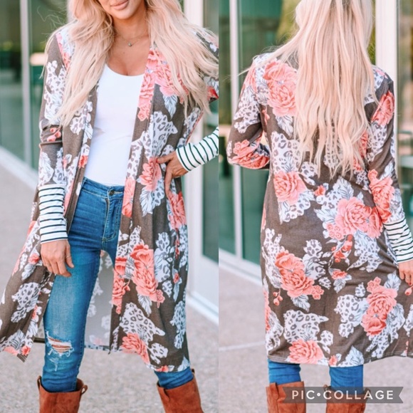 BROWN Striped Cuffs Floral Print Long Cardigan - Picture 1 of 1